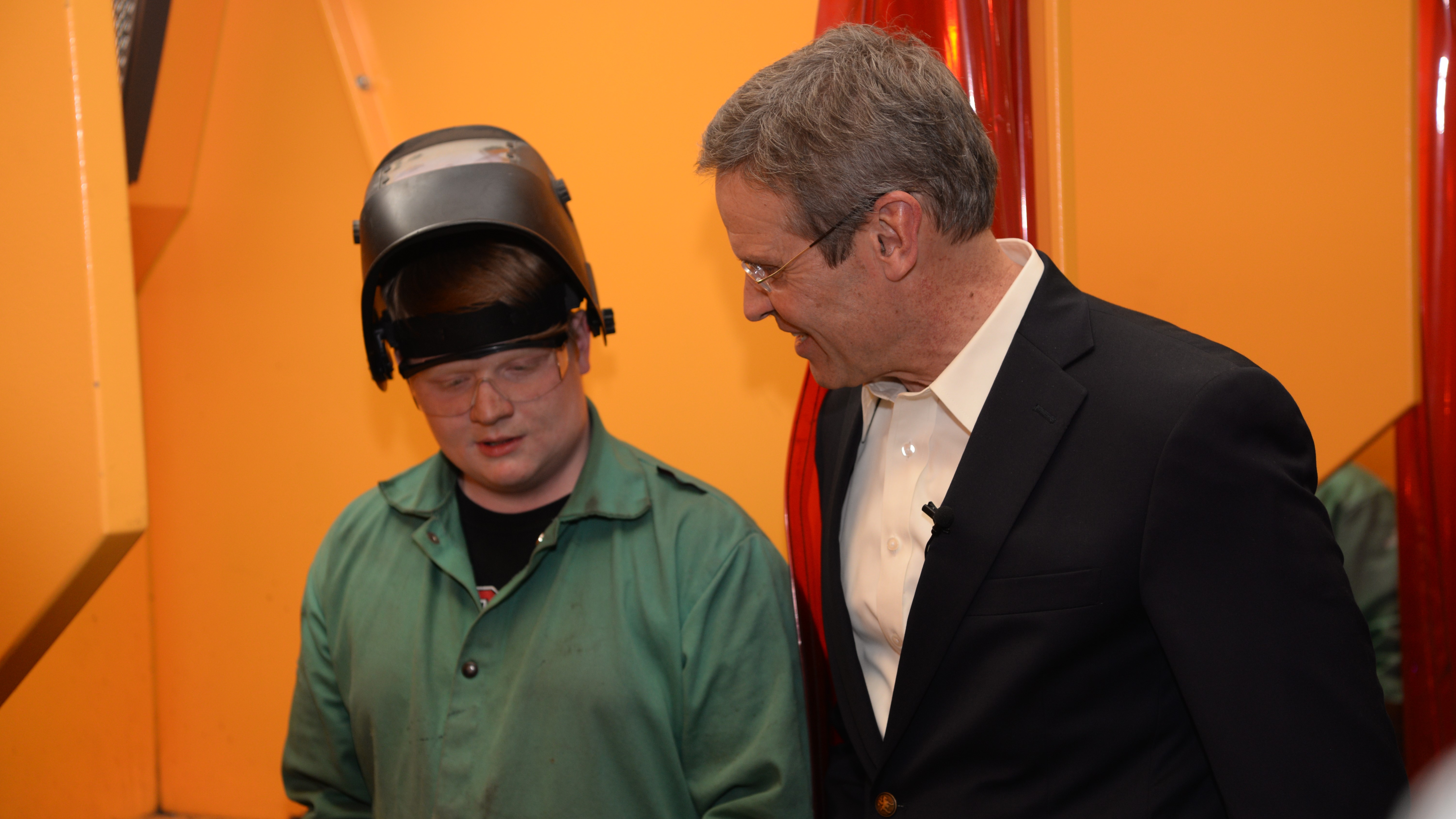Tennessee Gov. Bill Lee speaks with South-Doyle High School student Robert Owens during a visit to the school on Feb. 15, 2019. 